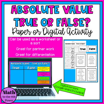 Preview of Absolute Value True or False Worksheet or Sort (Paper and Digital)