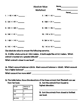 Preview of Absolute Value Worksheet