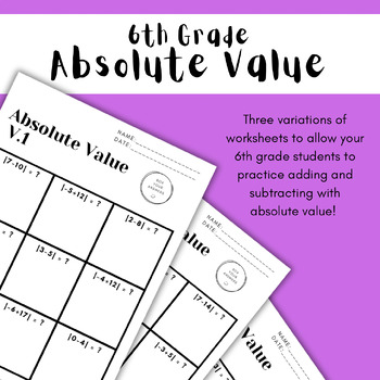 Preview of Absolute Value Worksheets Addition & Subtraction - 6th Grade Middle School Math