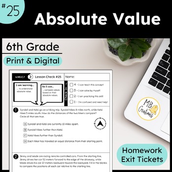 Preview of Solve Absolute Value Problems Worksheet L25 6th Grade iReady Math Exit Tickets