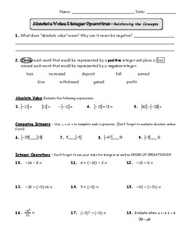 Absolute Value and Integers Review Worksheet by Pre Algebra Made Easy