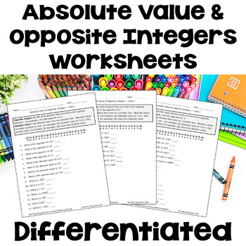 Preview of Absolute Value and Opposite Integers Worksheets - Differentiated