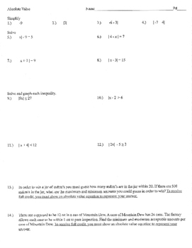 Absolute value equation and inequalities practice quiz test homework (wsB)