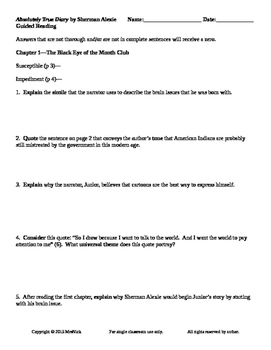 Preview of Absolutely True Diary of a Part-Time Indian - S Alexie Guided Reading Worksheets