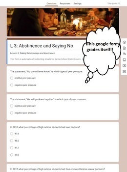 Preview of Abstinence and Saying No worksheet Google Form Junior High Health