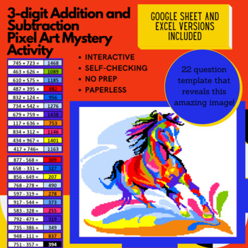 Abstract Horse 3-digit Addition and Subtraction Pixel Art Mystery Reveal