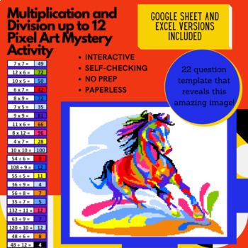 Preview of Abstract Horse Multiplication and Division up to 12 Pixel Art Mystery Reveal