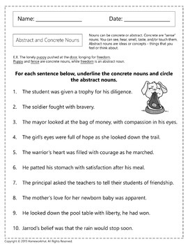 Abstract and Concrete Nouns Worksheets by Homework Hut | TpT