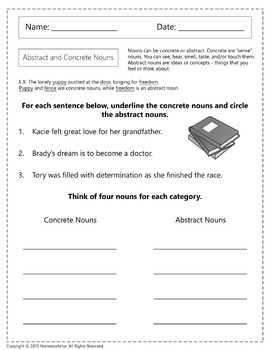 Abstract and Concrete Nouns Worksheets by Homework Hut | TpT