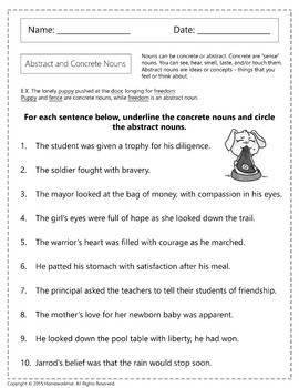 distance learning abstract and concrete nouns worksheets by homework hut