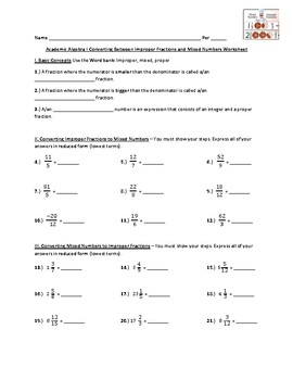 Preview of Ac Alg I Converting Between Improper Fractions and Mixed Numbers Worksheet