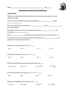 Preview of Academic Algebra I Combining Like Terms Worksheet