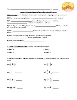 Preview of Academic Algebra I Evaluating Fraction Expressions Worksheet