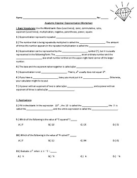 Preview of Academic Algebra I Exponentiation Worksheet