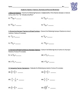 Preview of Academic Algebra I Fractions, Decimals and Percents Worksheet