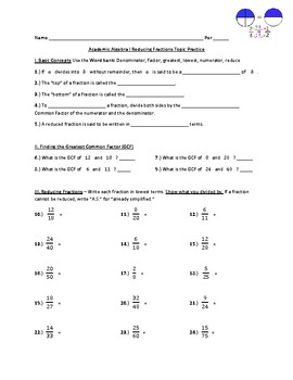 Preview of Academic Algebra I Reducing Fractions Topic Practice