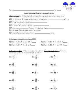 Preview of Academic Algebra I Reducing Fractions Worksheet