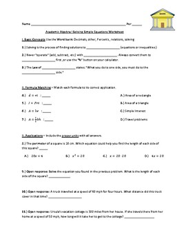 Preview of Academic Algebra I Solving Simple Equations Worksheet