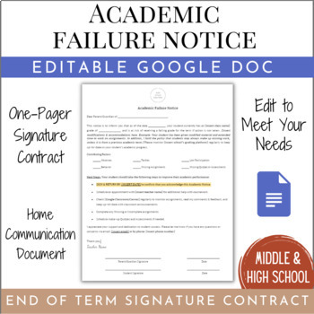 Preview of Academic Failure Notice | EDITABLE Google Doc Signature Contract