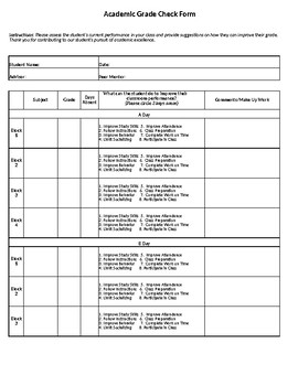 Preview of Academic Grade Check Form (A-B Block Schedule)