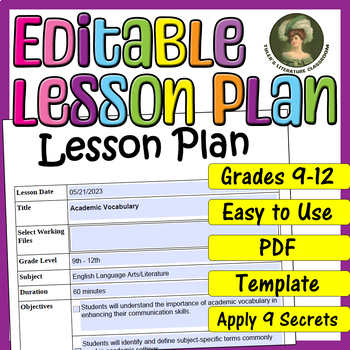 Preview of Academic Vocabulary : Editable Lesson Plan for High School