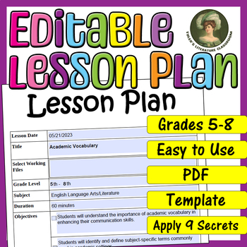 Preview of Academic Vocabulary : Editable Lesson Plan for Middle School