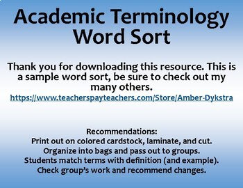 Preview of Middle School Academic Vocabulary Word Sort