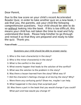 Preview of Accelerated Reader Fiction Parent Sheet