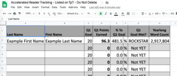 Preview of Accelerated Reader Tracking (Google Spreadsheet)