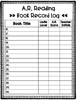 Accelerated Reader (AR) Book Record Log by Teaching Georgia Littles