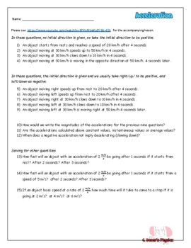 Preview of Acceleration Worksheet to accompany a Video Lesson