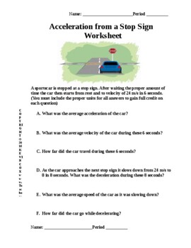 Preview of Acceleration versus velocity: Car from a Stop-Sign Worksheet  (Gr -8 Gr 9)