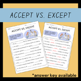 Accept vs Except Language Arts Grammar Worksheet for 5th Grade