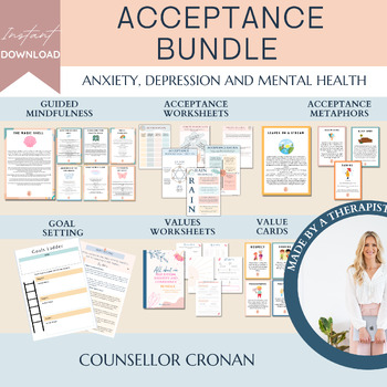 Preview of Acceptance and commitment therapy mega bundle worksheets, ACT worksheets, SEL