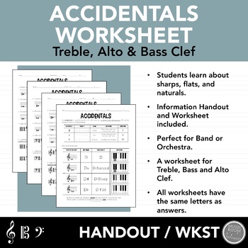 Preview of Music Accidentals Handout & Worksheet for Treble, Bass, & Alto Clef