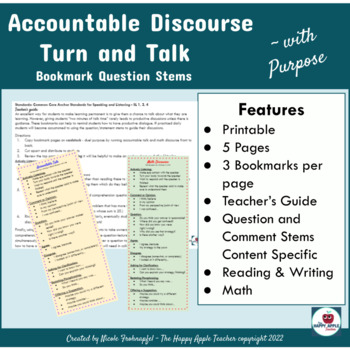 Preview of Accountable Discourse Turn & Talk Bookmark Question Stems Printable