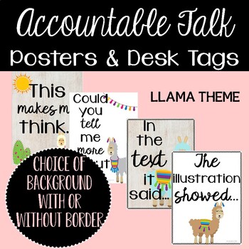 Preview of Accountable Talk Conversation Posters and Desk Tags - Llama Theme