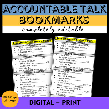 Preview of Accountable Talk Bookmarks Editable Talking Stems for Classroom Discussions