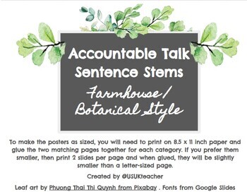 Preview of Accountable Talk Sentence Stems/Frames Posters Farmhouse/Botanical