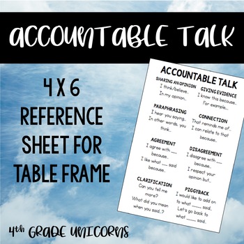 Preview of Accountable Talk Student Reference Sheet for Table Frame
