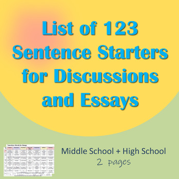 Preview of List of Sentence Starters for Discussions (Accountable Talk) and  Essays