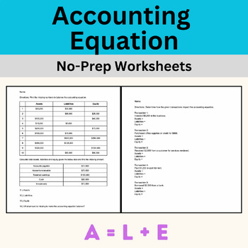 Preview of Accounting Equation Worksheets | No Prep Accounting Activities