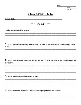 Preview of Achieve 3000 CATCH Worksheet