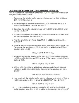 Preview of Acid/Base Buffer pH Calculations Practice
