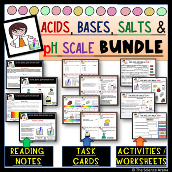 Preview of Acids, Bases, Salts and pH Scale BUNDLE | Reading Notes, Task Cards, Worksheets