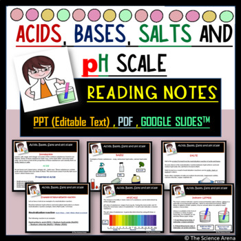 Preview of Acids, Bases, Salts, pH Scale: Reading Notes | Editable Text, Printable, Digital