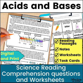 Preview of Acids, Bases, and pH scale Science Reading Comprehension Passages and Questions