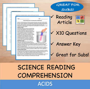 Preview of Acids - Reading Passage and x 10 Questions (EDITABLE)