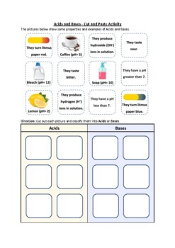 Preview of Acids and Bases - Cut and Paste Worksheet Activity (No Prep Printable)