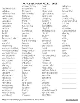 Acrostic Poem Adjectives List by Jeanne Sovet | TPT